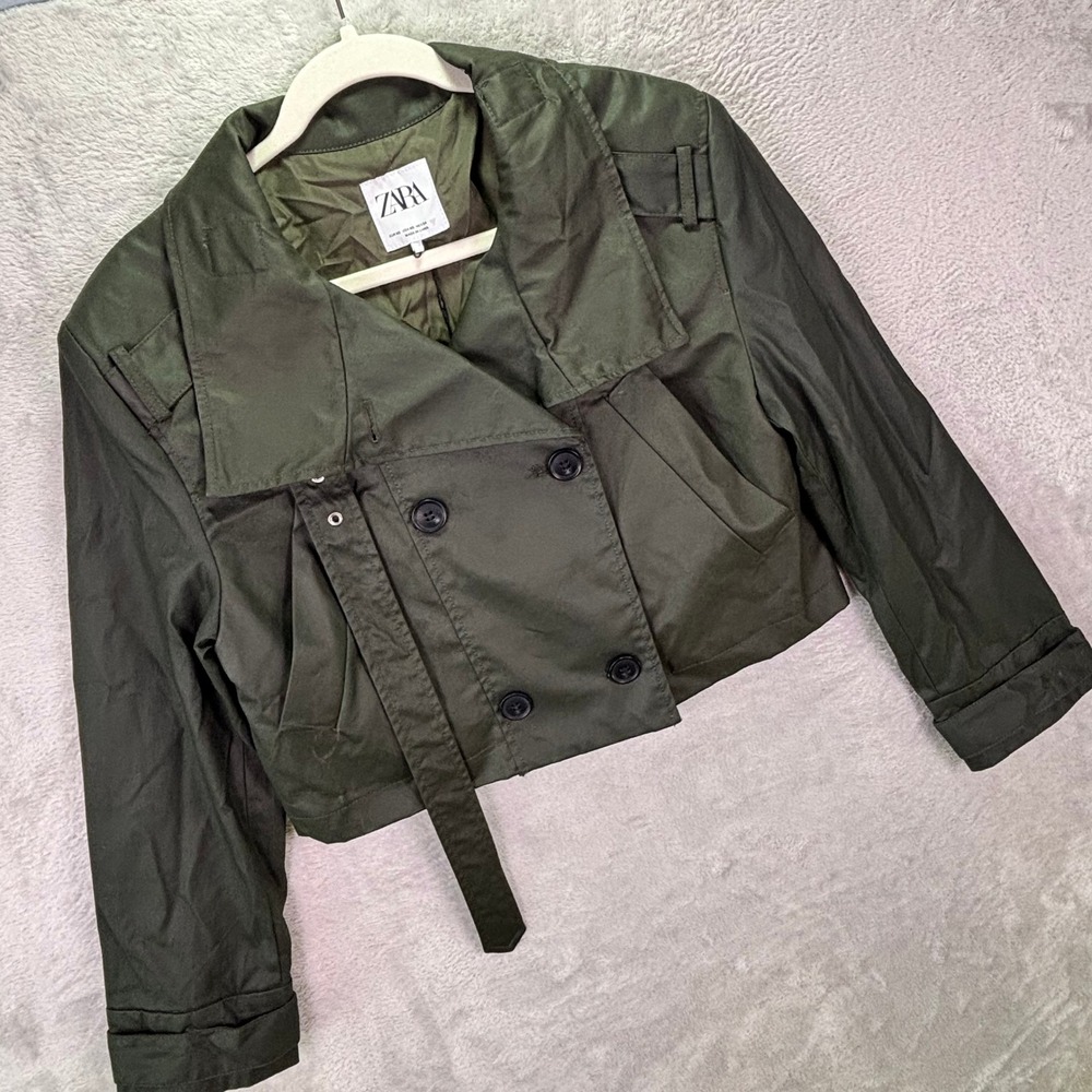 NWT Zara Women Jacket XS Olive Green Cropped Double Breasted Funnel Neck Trench
